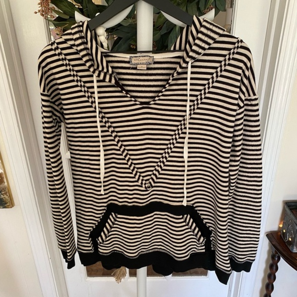 ethereal Black and Cream Striped Hoodie Shirt Oversized LS S